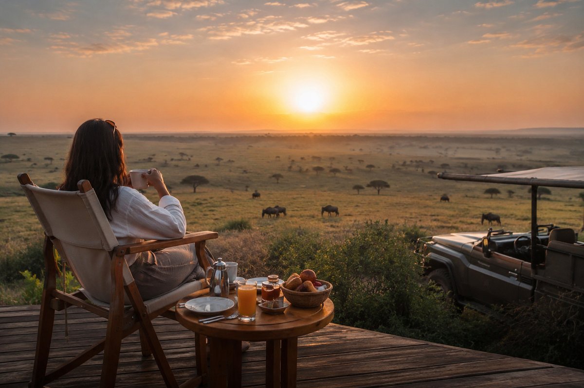 Mujer disfrutando de un café al amanecer en una terraza con desayuno y un jeep de safari, observando ñus en la sabana — Niroskos «Nos encargamos de aliviar la presión».