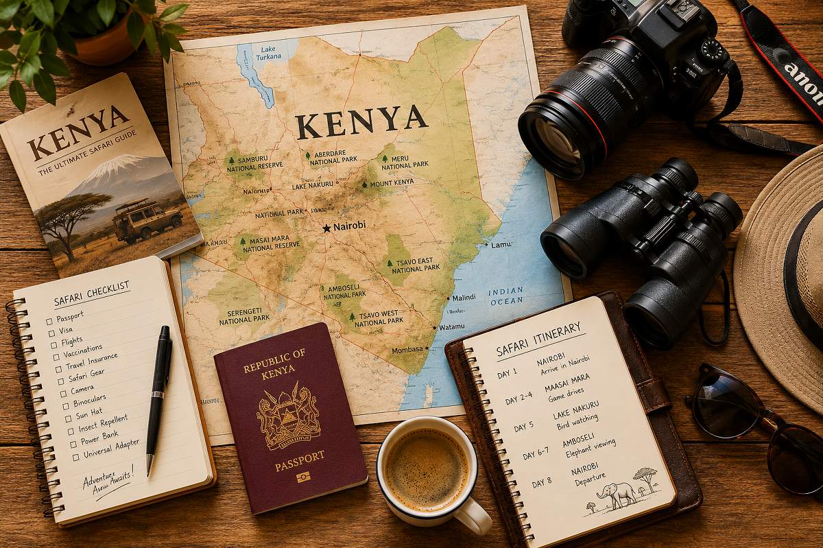Vue en plongée (flatlay) pour « The Journey Starts Here » : carte du Kenya avec passeport de la République du Kenya, guide de safari, check-list, itinéraire, appareil photo, jumelles, chapeau et tasse de café.