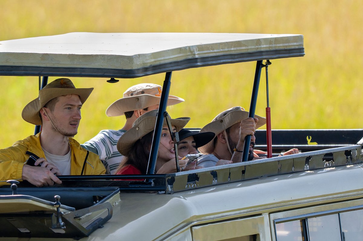 Tourists in an open-top safari vehicle wearing wide-brim hats, scanning golden plains on a 2-Day Amboseli National Park Safari